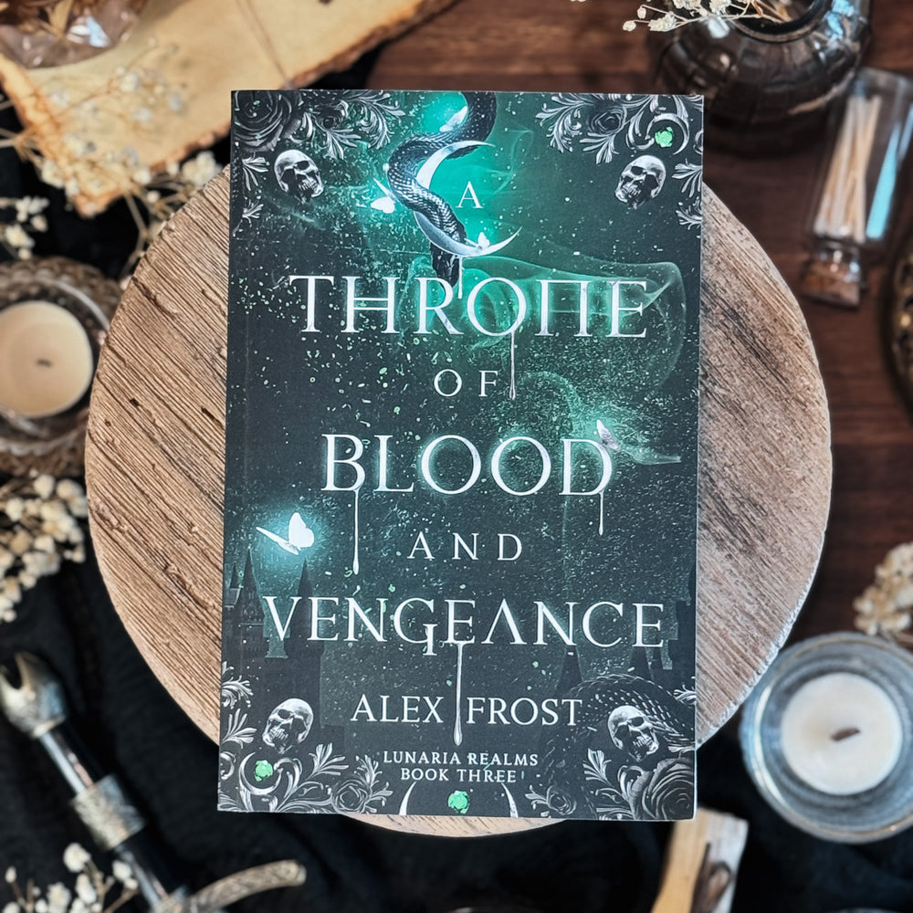 Book titled 'Throne of Blood and Vengeance' by Alex Frost on a dark background with decorative elements.
