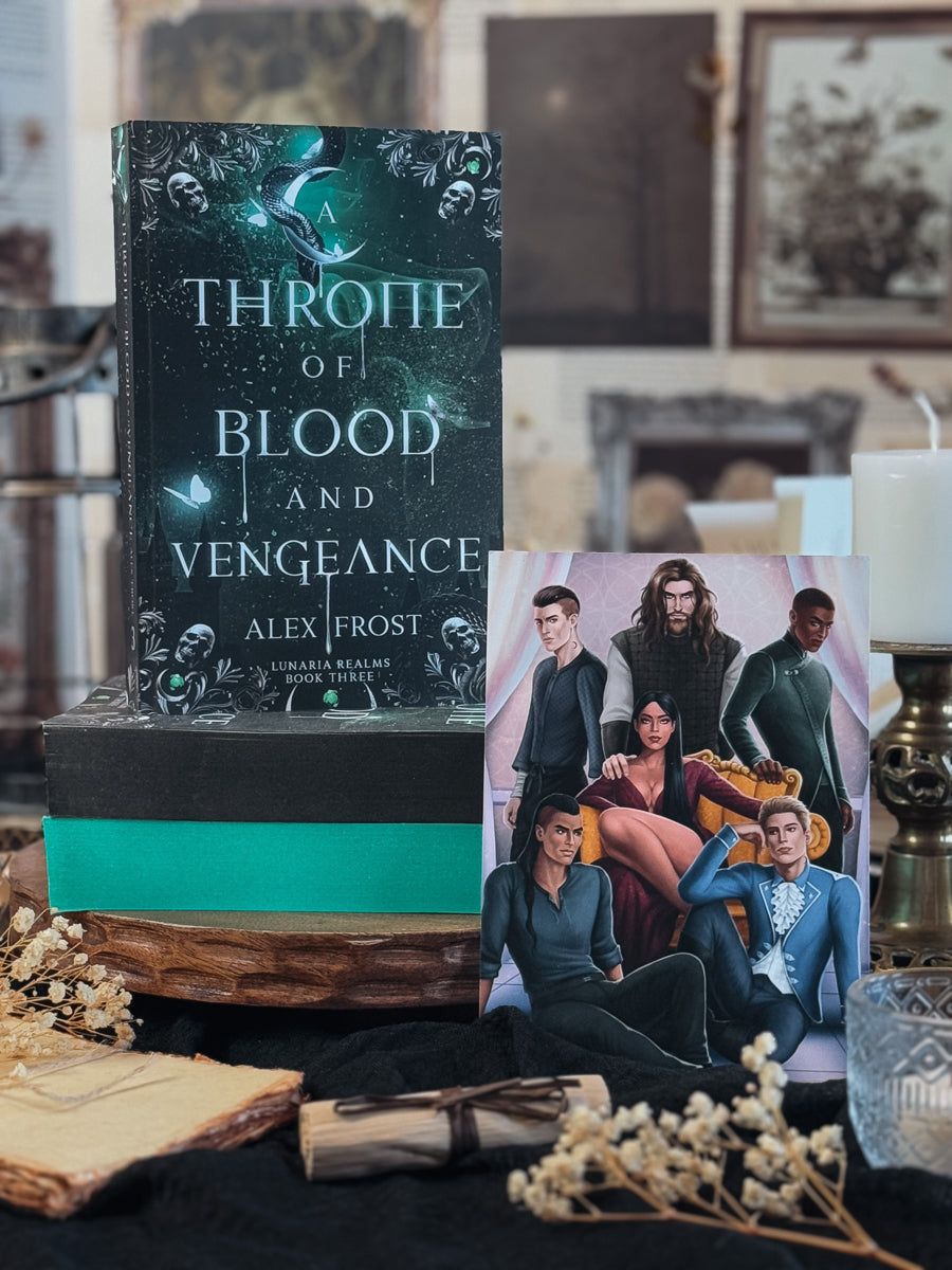 Book titled 'Throne of Blood and Vengeance' by Alex Frost on a table with decorative items.