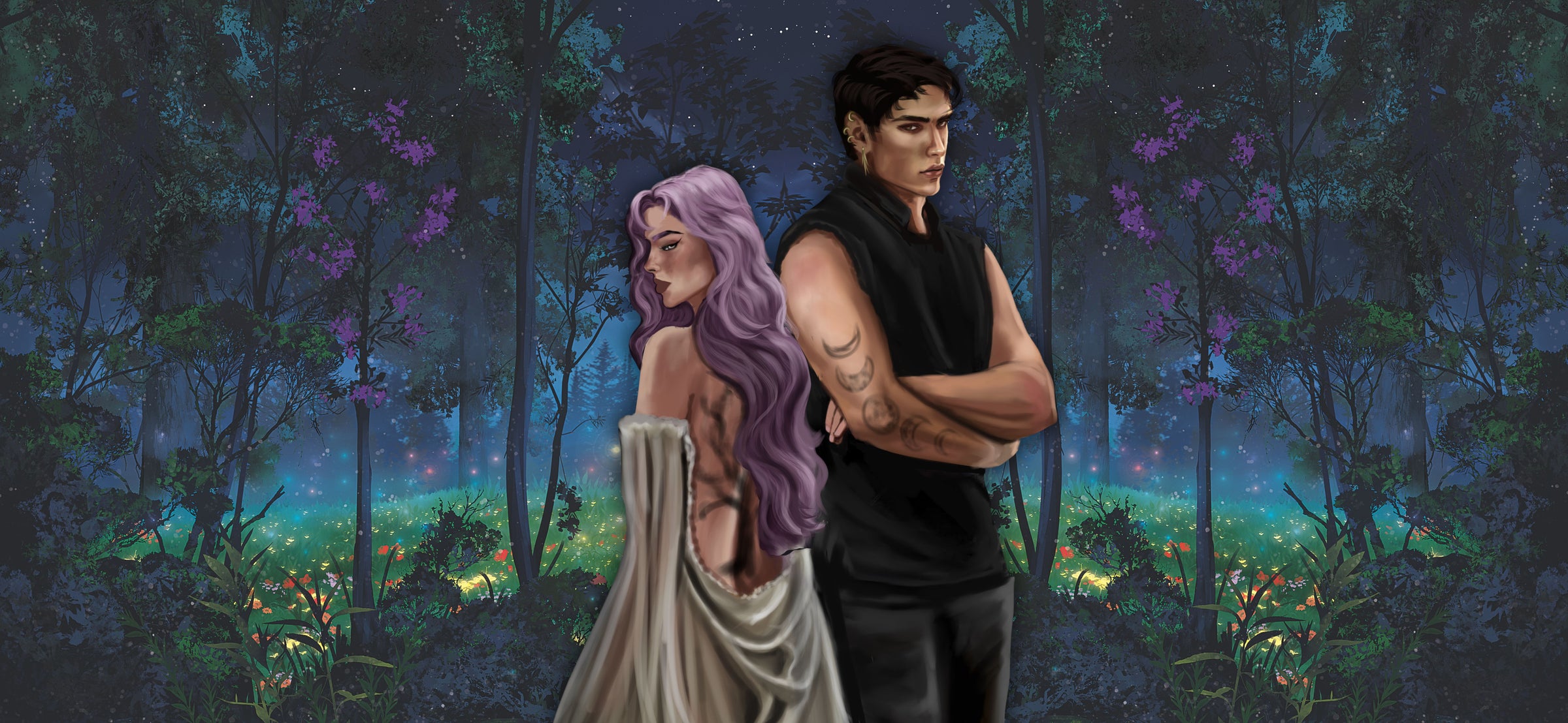 Two characters standing in a mystical forest with glowing flowers.