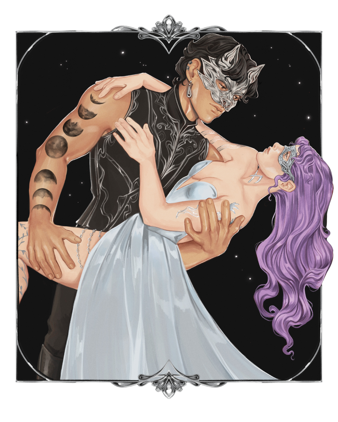 Illustration of a couple embracing with a starry background