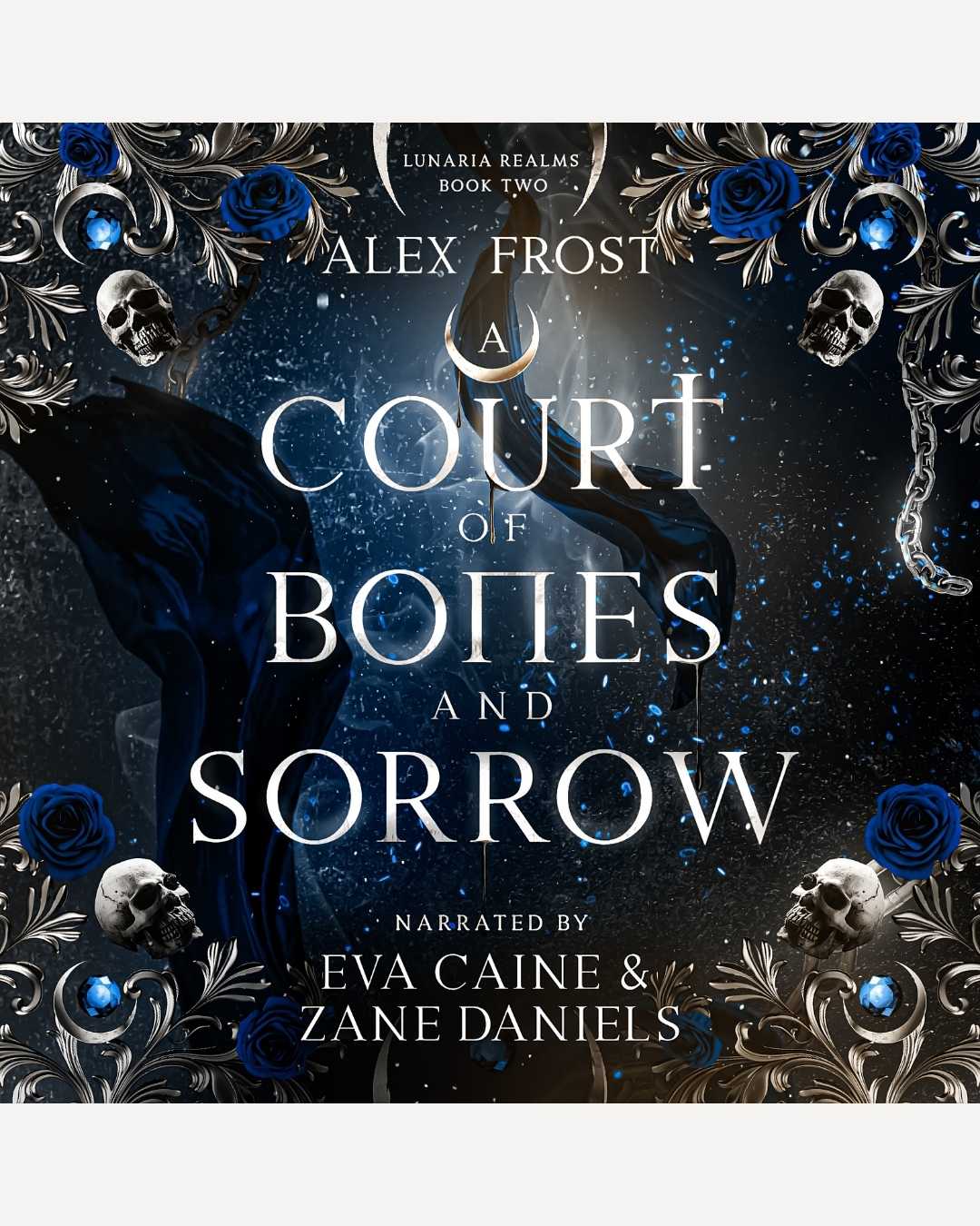 Audiobook cover of 'A Court of Bones and Sorrow' with dark theme and decorative elements.