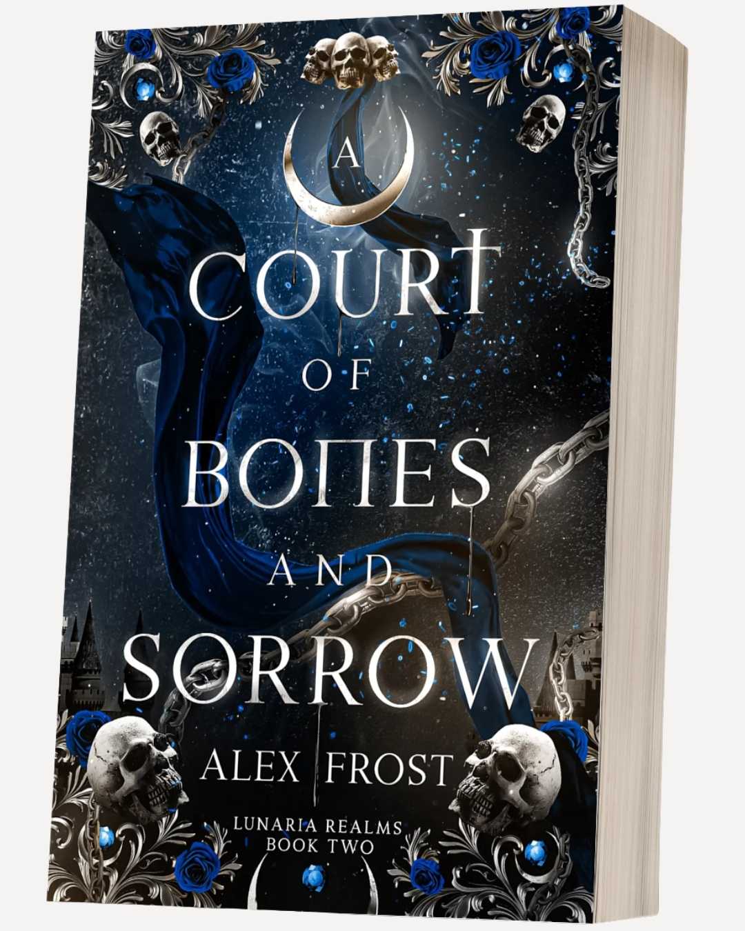 Book cover of 'A Court of Bones and Sorrow' by Alex Frost with dark and intricate design.