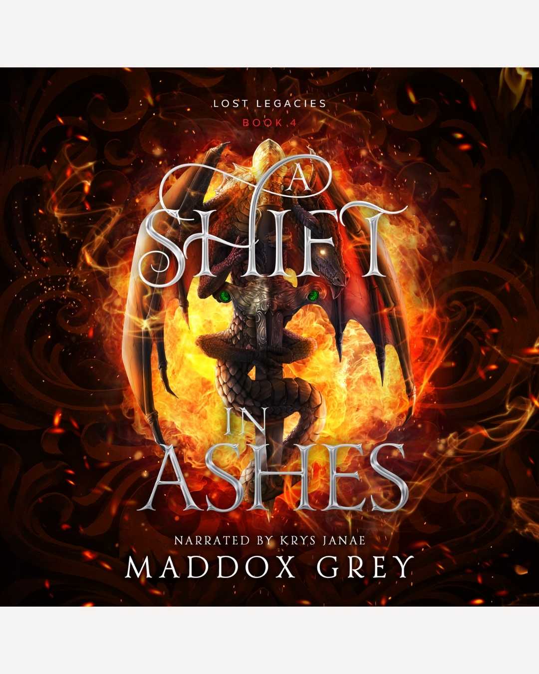 Audiobook cover of 'A Shift in Ashes' with a dragon and fiery design.