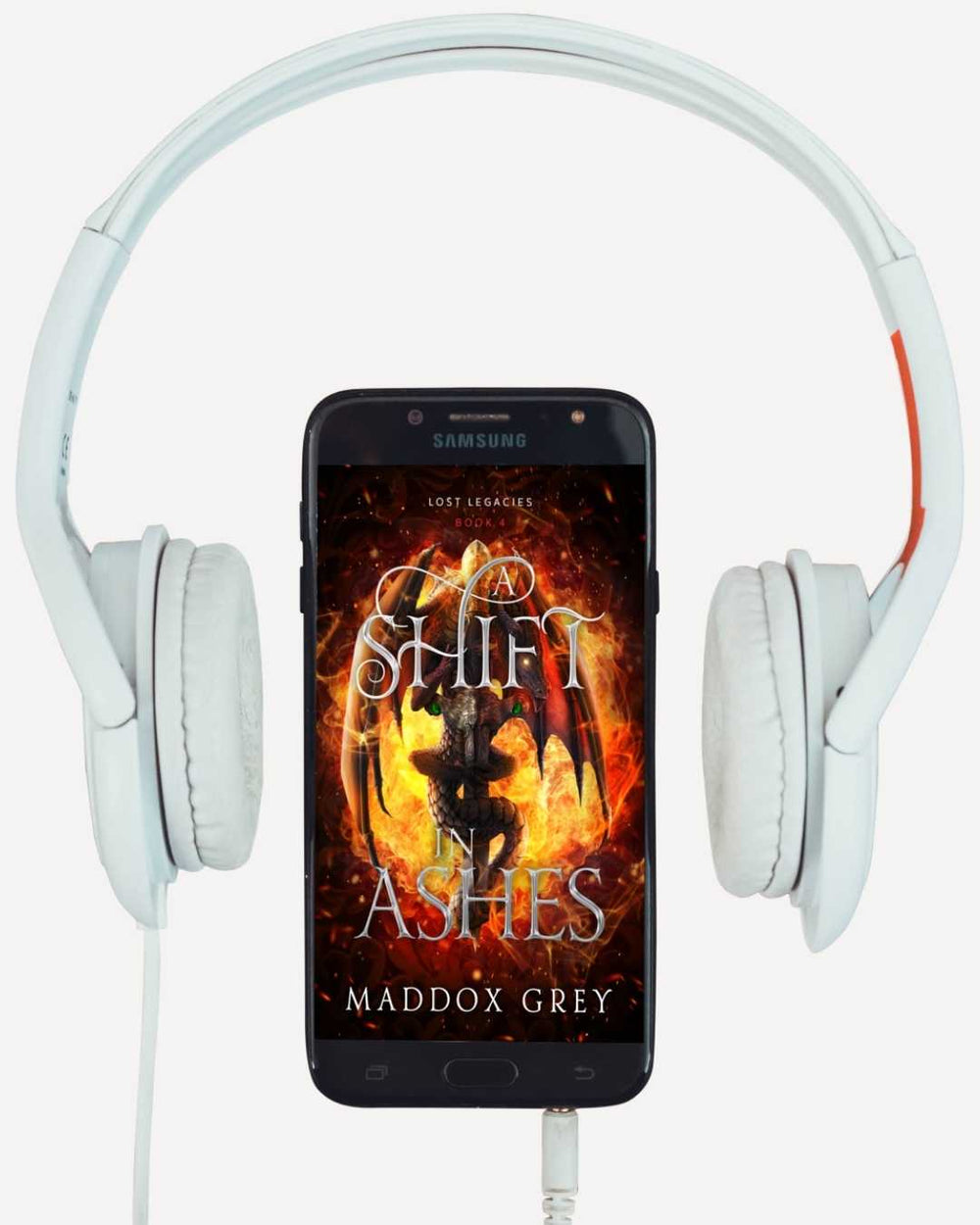 Smartphone displaying 'In Ashes' by Maddox Grey with white headphones on a white background