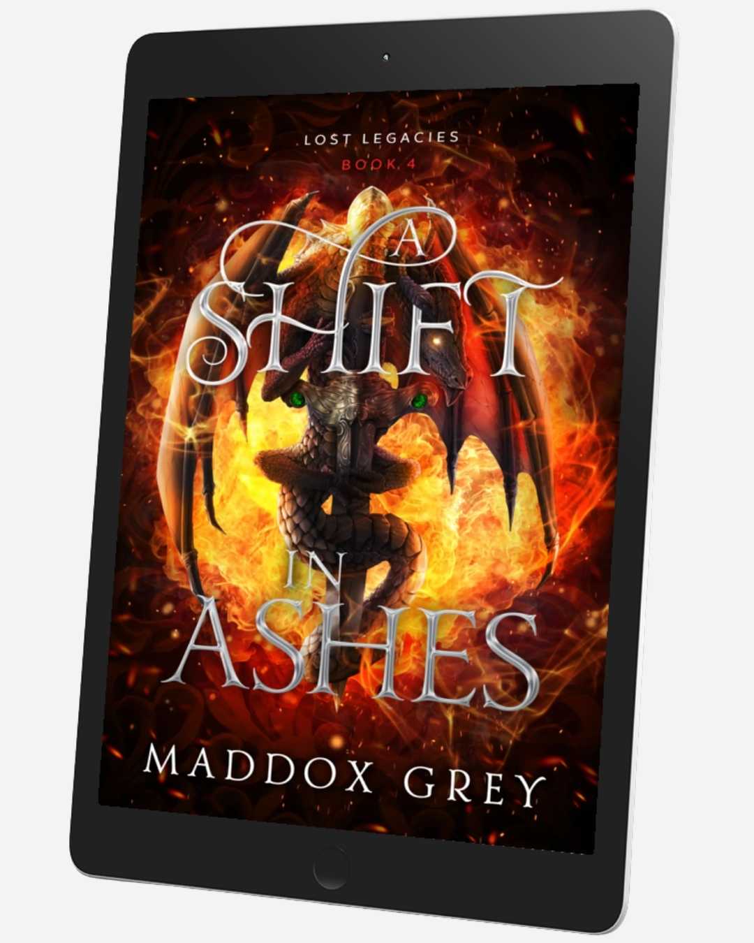 Ebook cover of 'A Shift in Ashes' by Maddox Grey on a tablet screen.
