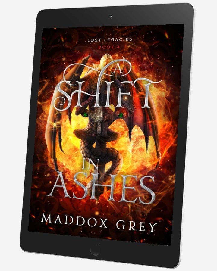 Ebook cover of 'A Shift in Ashes' by Maddox Grey on a tablet screen.