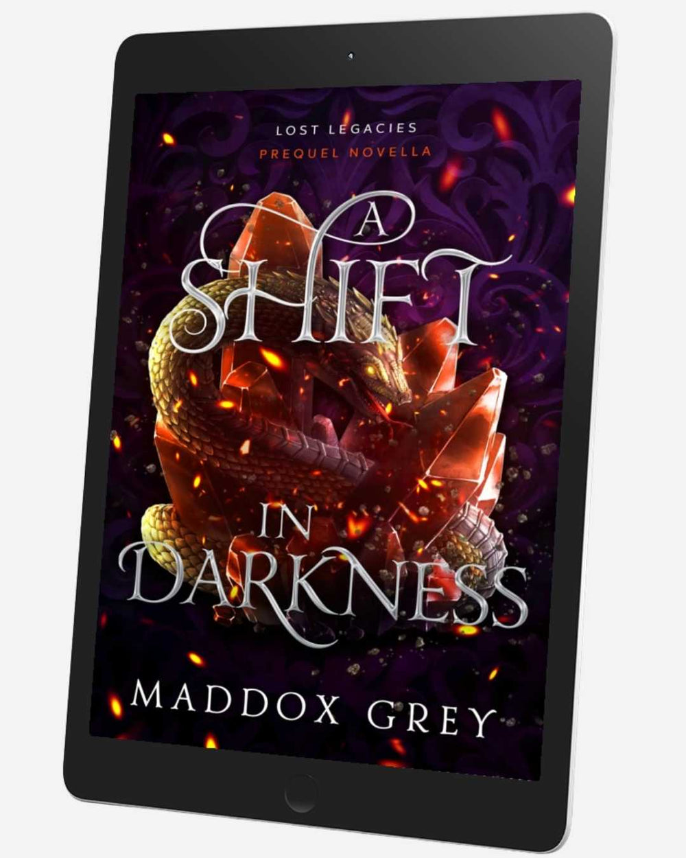 E-reader displaying the book cover of 'A Shift in Darkness' by Maddox Grey on a white background