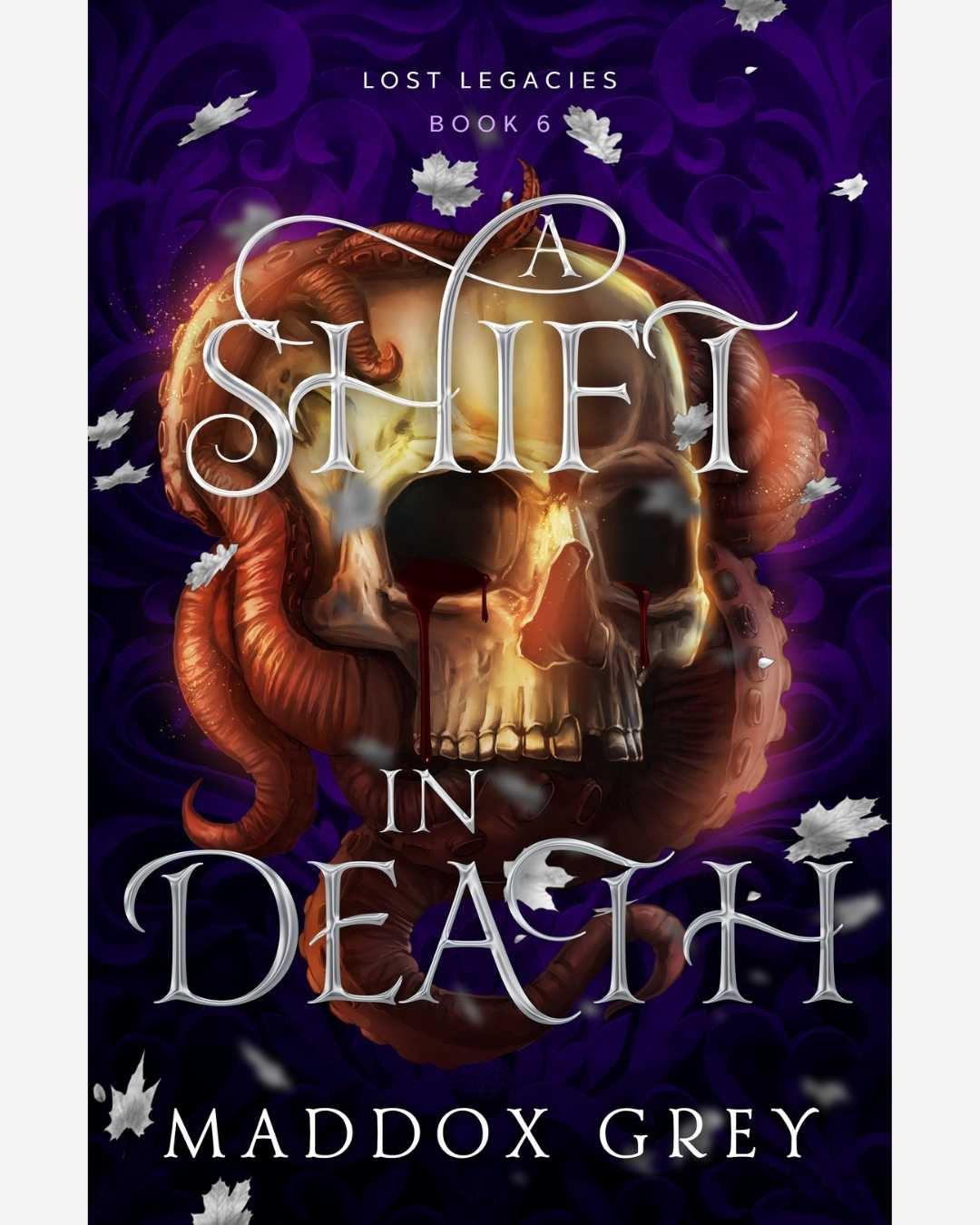 Book cover of 'A Shift in Death' by Maddox Grey with a skull and tentacle design on a purple background.