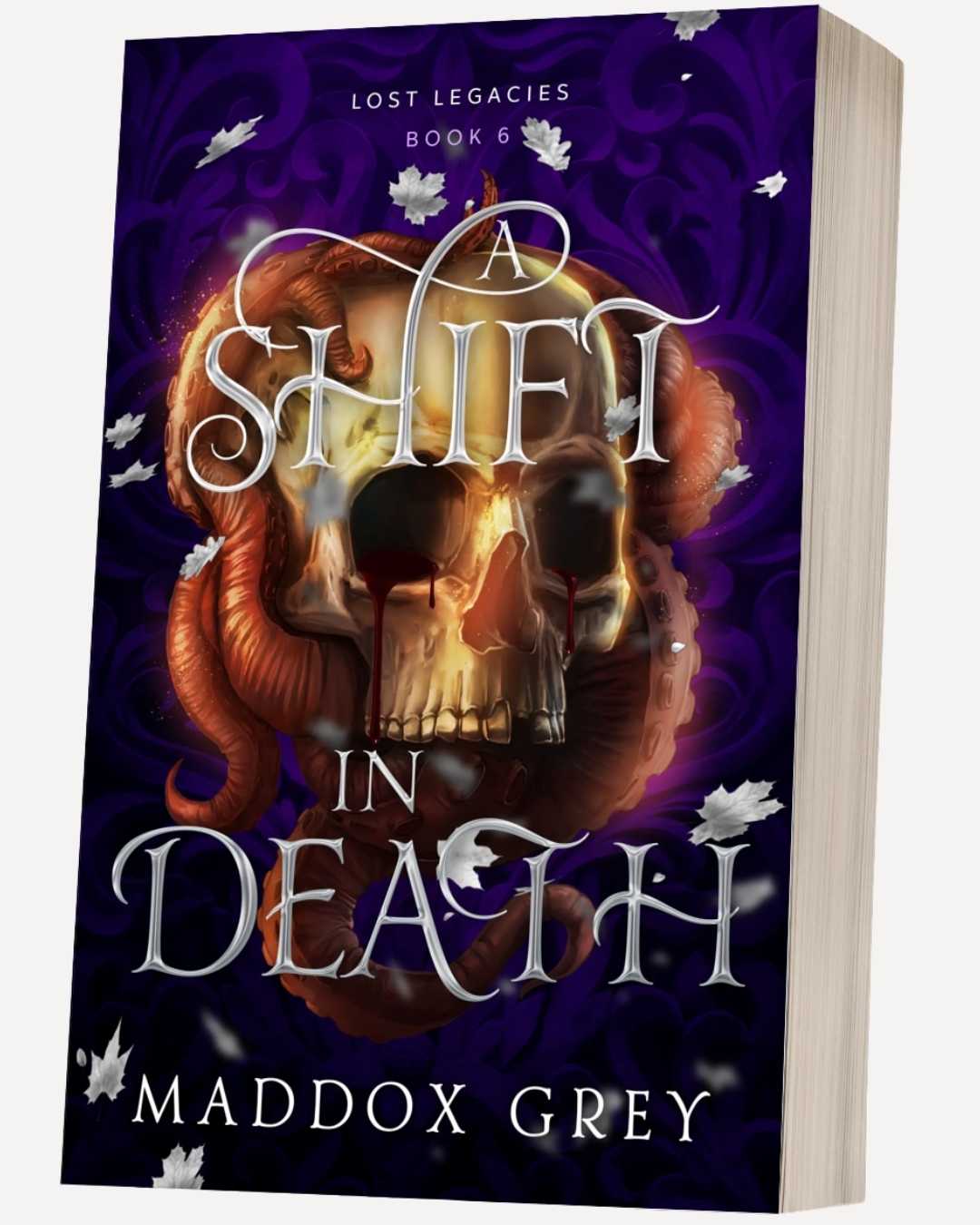Book cover of 'A Shift in Death' by Maddox Grey with a skull and wings design on a purple background.