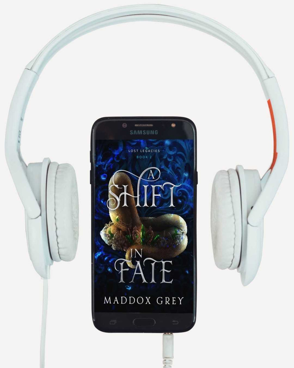 Smartphone displaying A Shift in Fate cover with white headphones