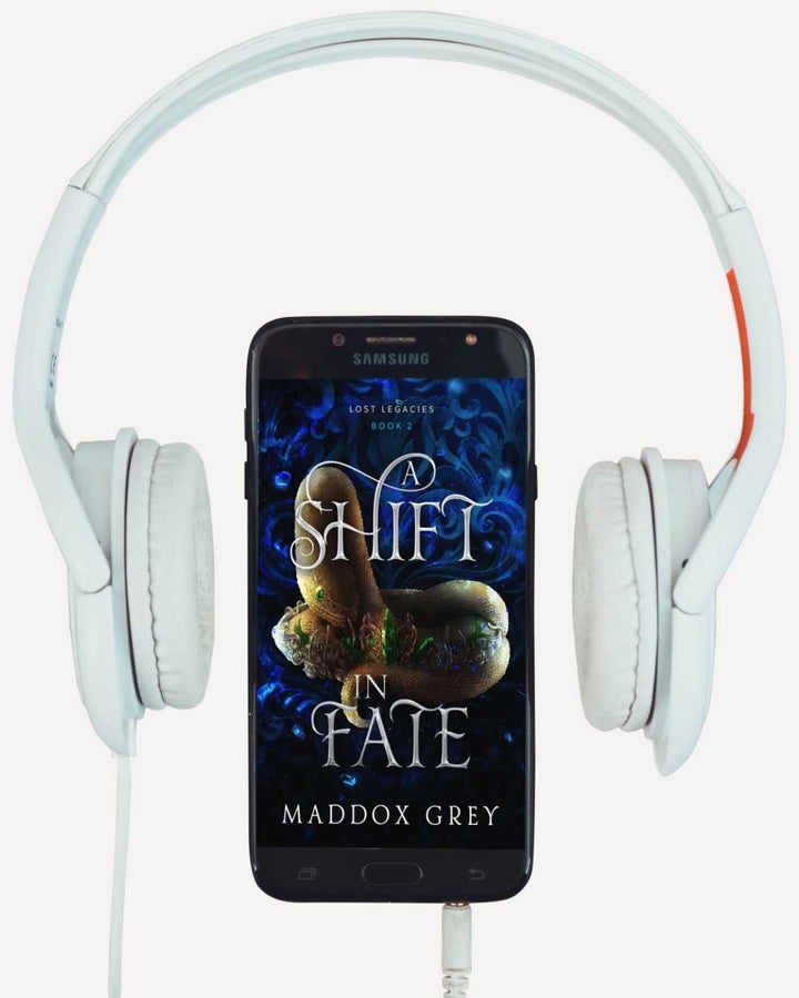 Smartphone displaying A Shift in Fate cover with white headphones