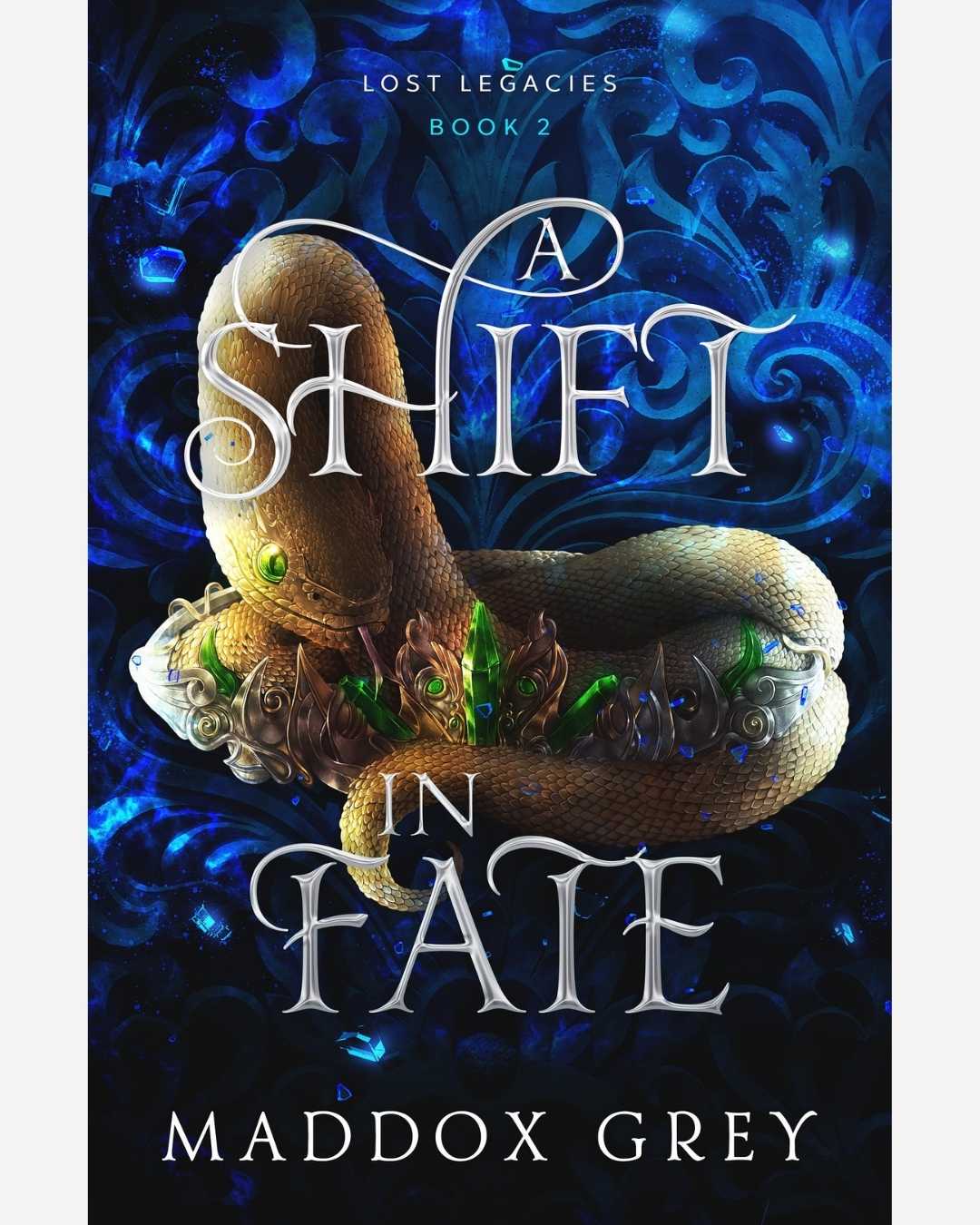 Book cover of 'A Shift in Fate' by Maddox Grey with a snake design on a blue background.