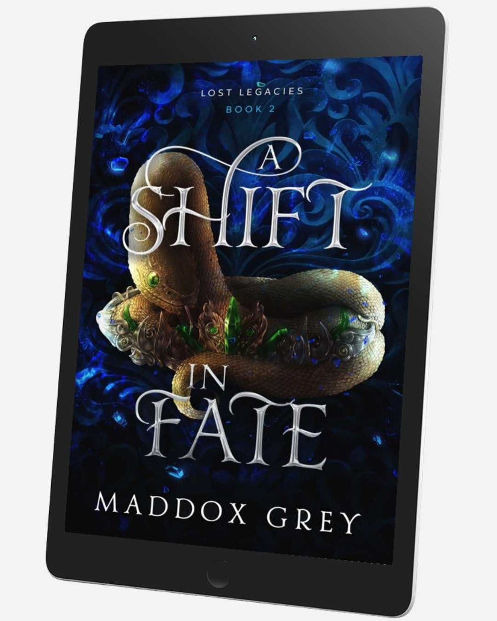 E-reader displaying the book cover of 'A Shift in Fate' by Maddox Grey on a white background