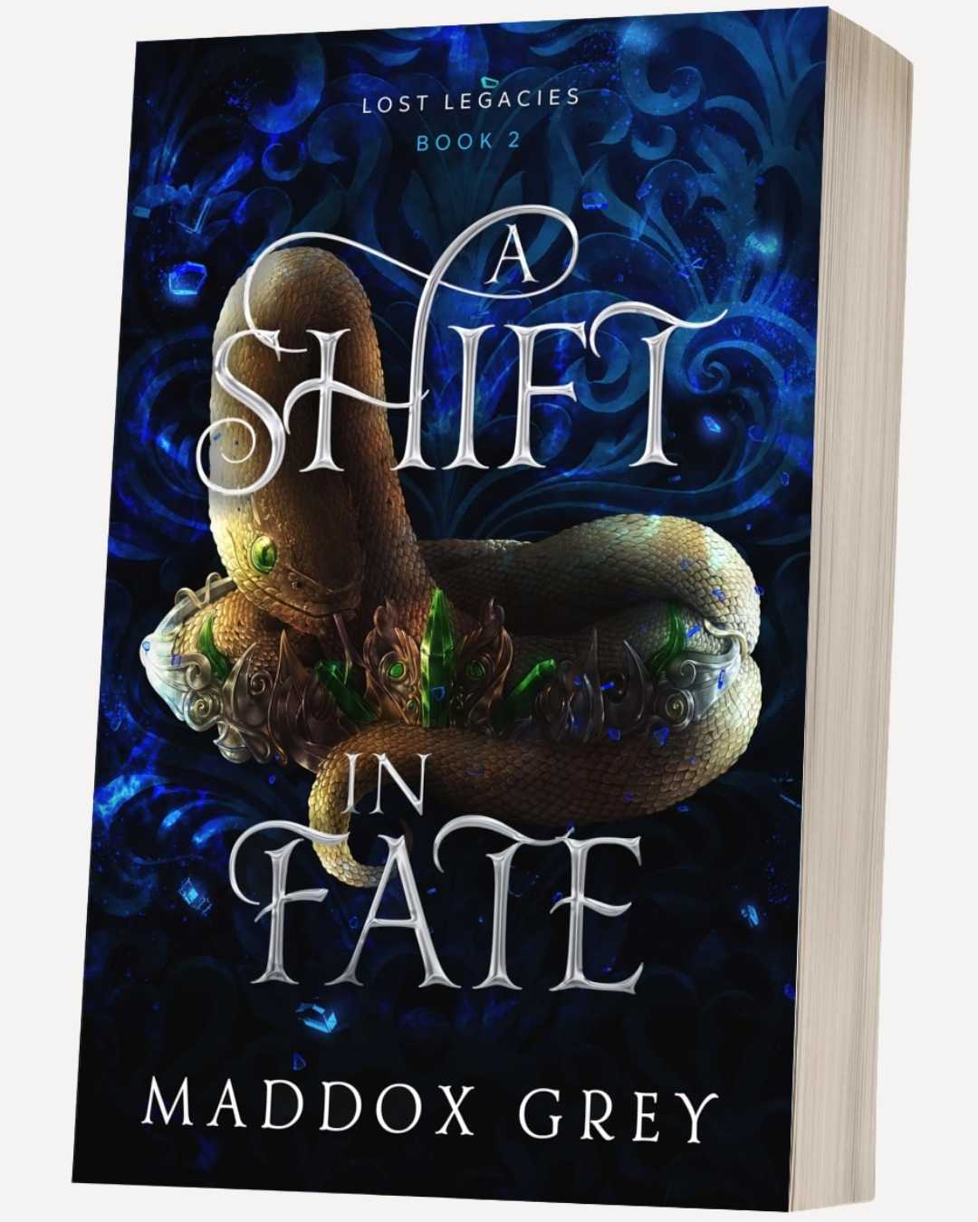 Book cover of 'A Shift in Fate' by Maddox Grey with a snake design on a dark background