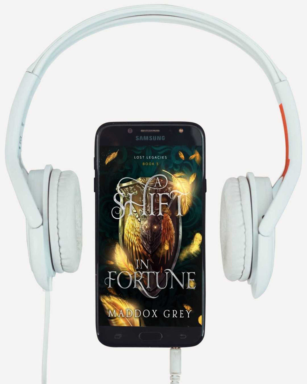 Smartphone displaying a book cover with headphones on a white background