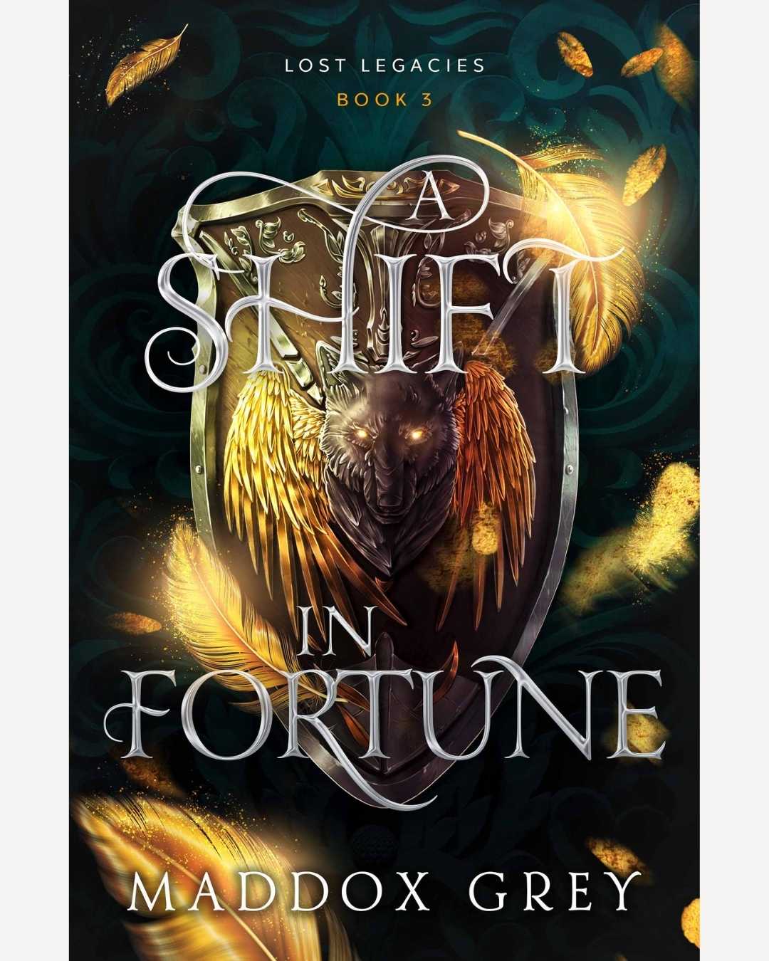 Book cover of 'A Shift in Fortune' by Maddox Grey with a shield and angelic wings design.