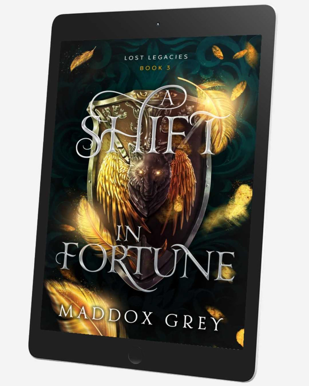 E-reader displaying the book cover of 'A Shift in Fortune' by Maddox Grey on a white background