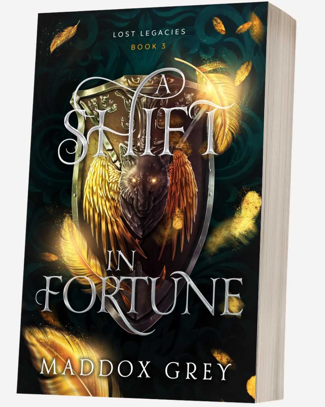 Book cover of 'A Shift in Fortune' by Maddox Grey with a shield and angelic wings design.