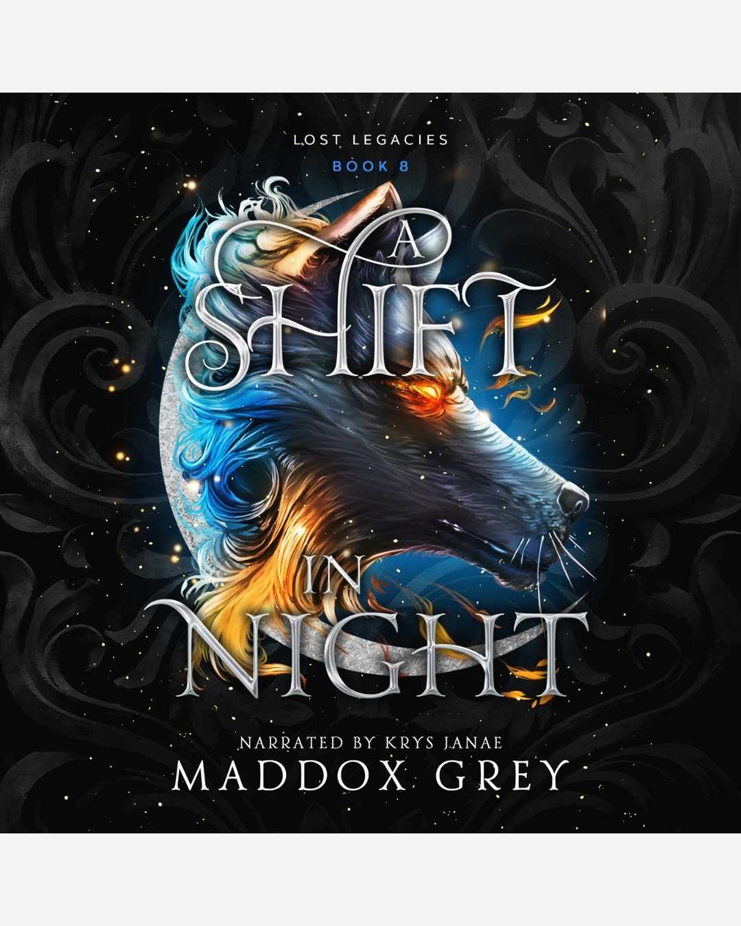 Audiobook cover of 'A Shift in Night' with a fantasy creature design on a dark background.