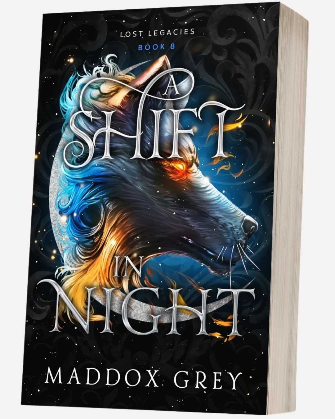 Book titled 'A Shift in Night' by Maddox Grey with a wolf design on the cover