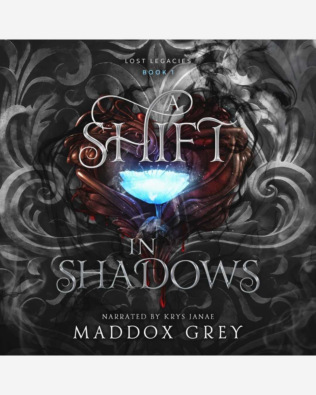 Book cover of 'A Shift in Shadows' with ornate design and glowing blue light.