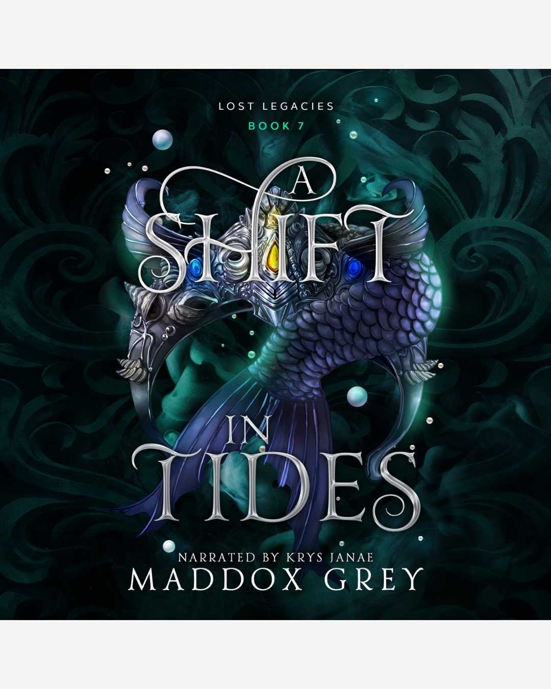 Audiobook cover of 'A Shift in Tides' by Maddox Grey with a dragon and ocean design.