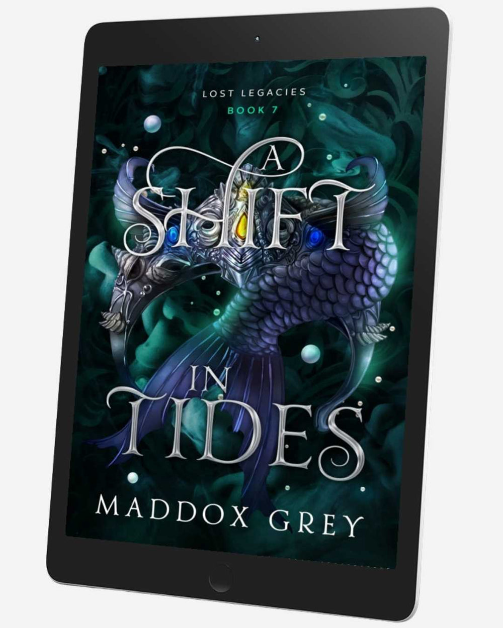 Ebook cover of 'A Shift in Tides' by Maddox Grey on a tablet screen.