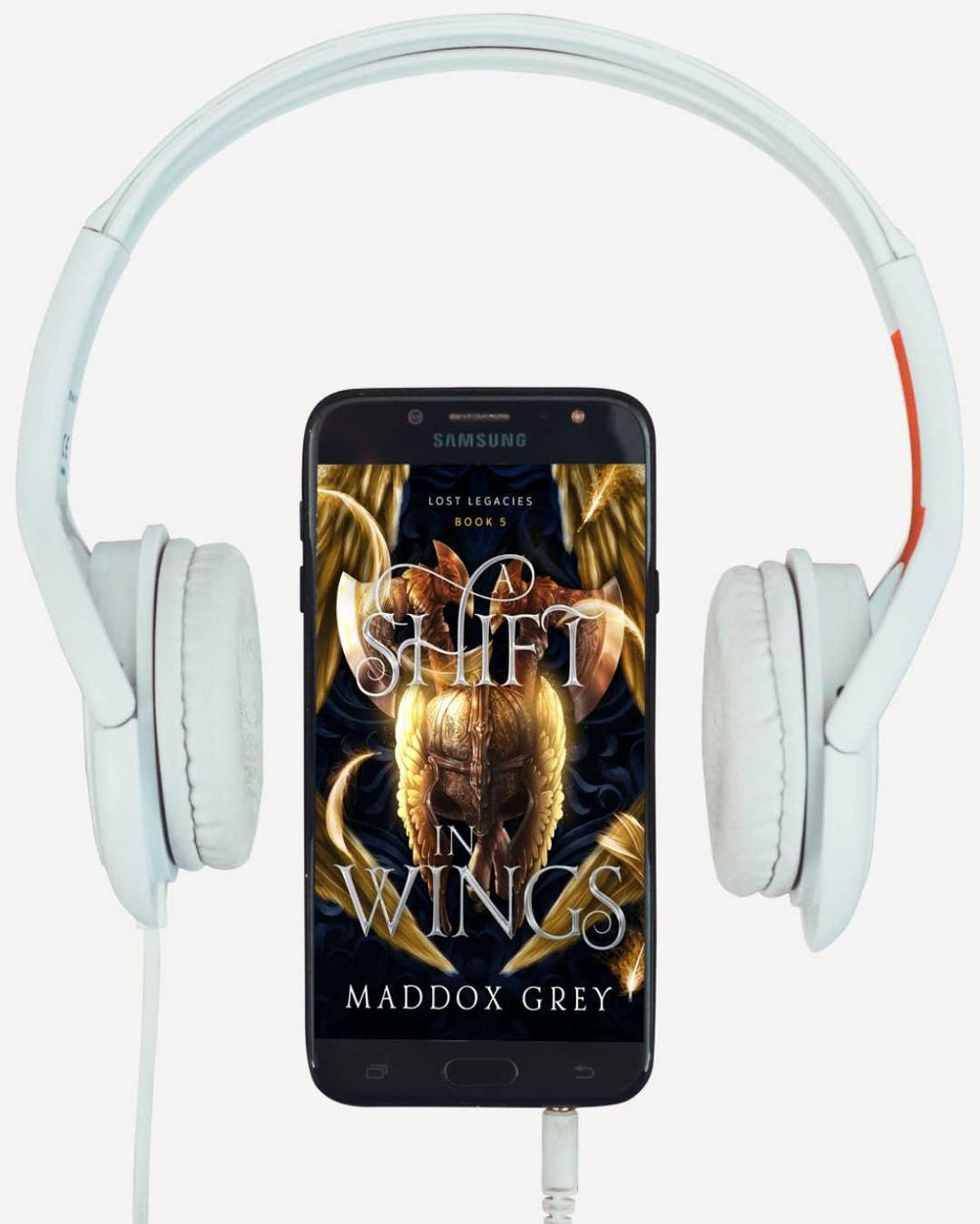 Samsung phone displaying a book cover with headphones on a white background