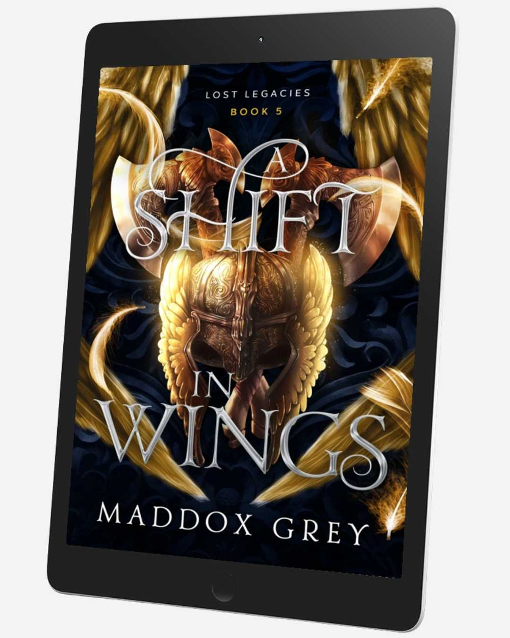 E-reader displaying the book cover of 'A Shift in Wings' by Maddox Grey