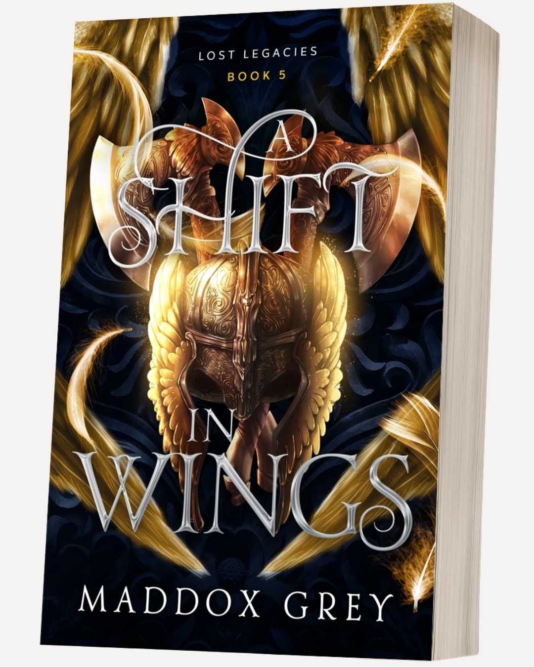 Book cover of 'Shift in Wings' by Maddox Grey with a gold helmet design on a dark background.