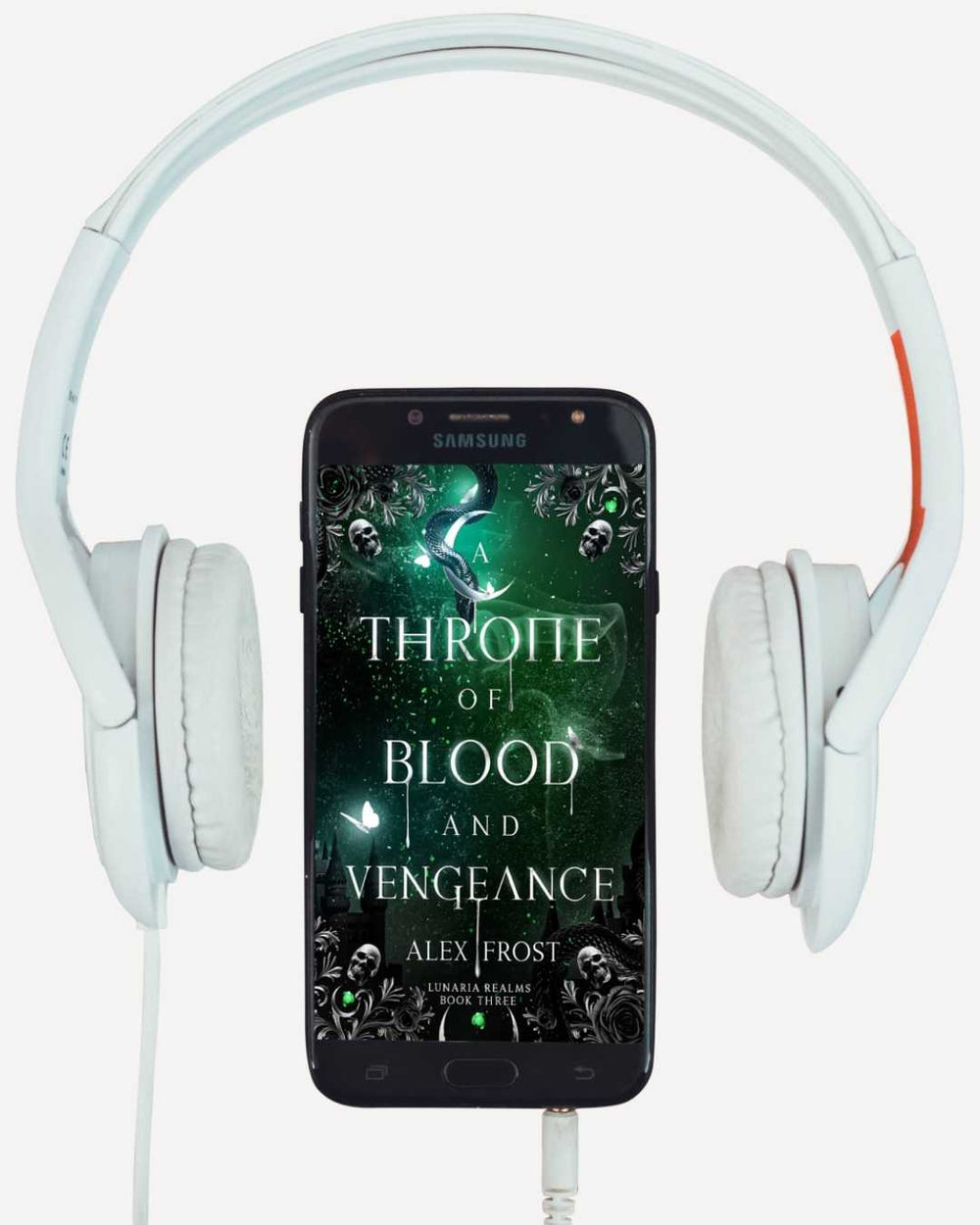 Phone with 'Throne of Blood and Vengeance' book cover displayed, flanked by white headphones.