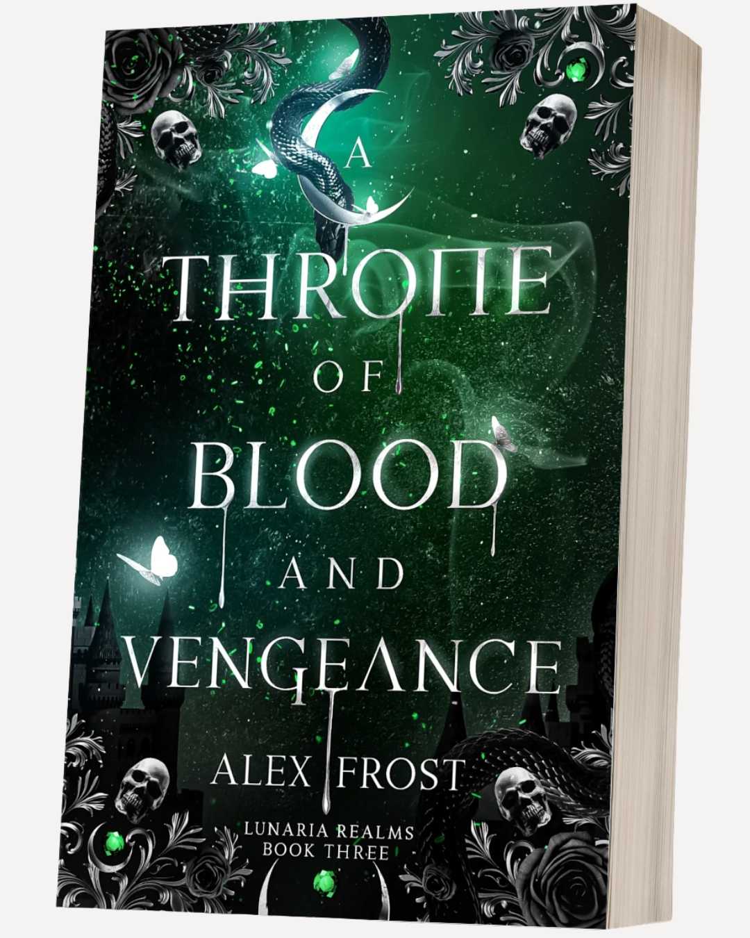 Book cover of 'Throne of Blood and Vengeance' by Alex Frost with dark green and black design.