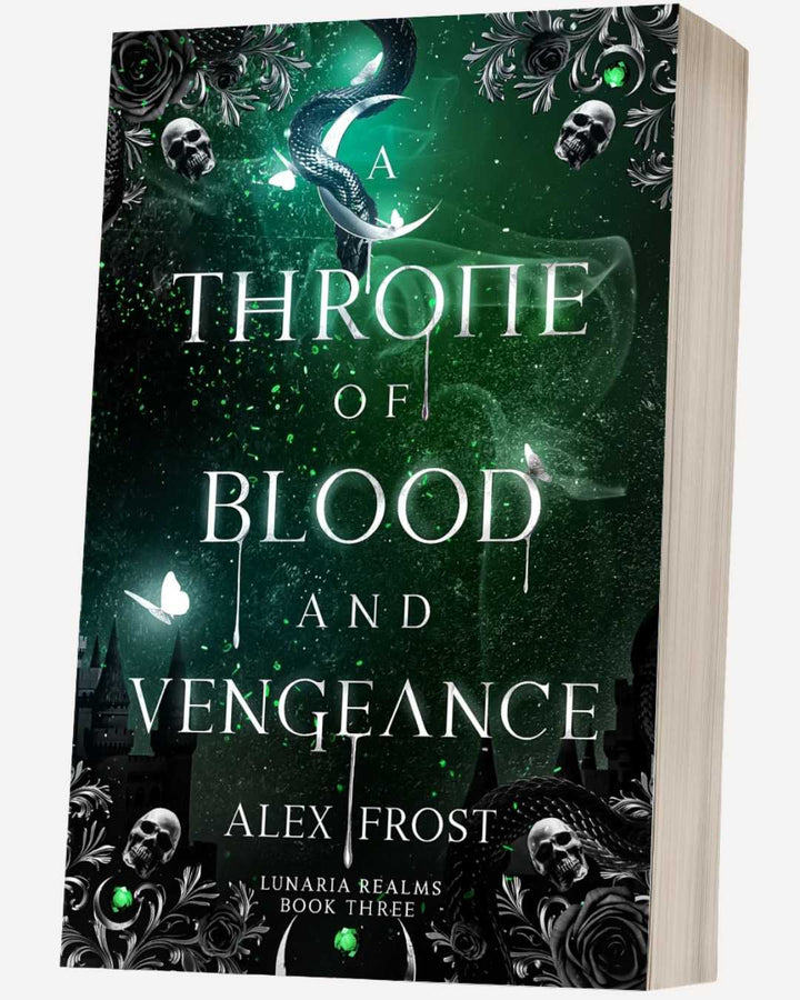 Book cover of 'Throne of Blood and Vengeance' by Alex Frost with dark green and black design.