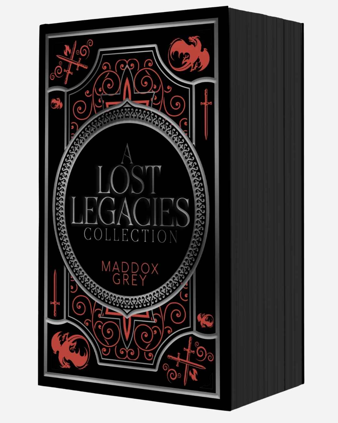 Book cover of 'A Lost Legacies Collection' by Maddox Grey with black and red design.