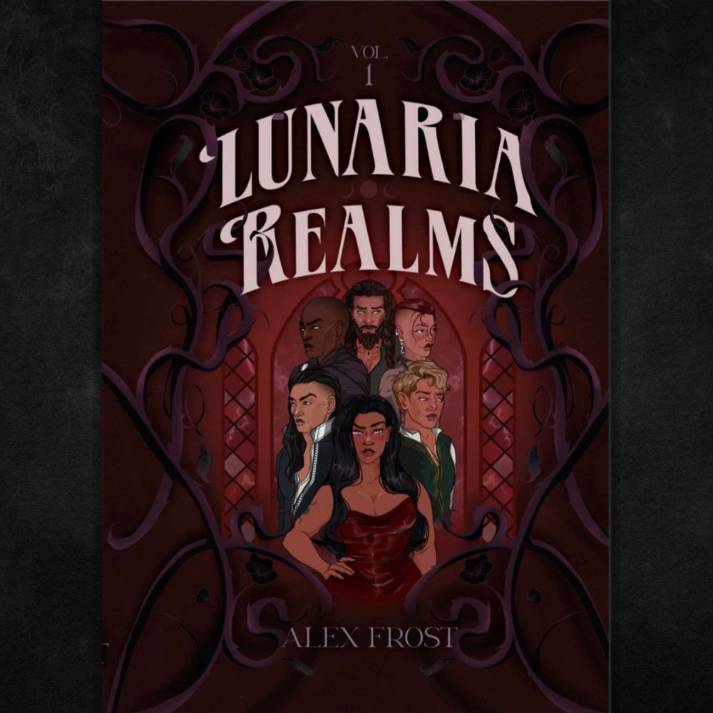 Book cover of 'Lunaria Realms' by Alex Frost with illustrated characters and ornate design.