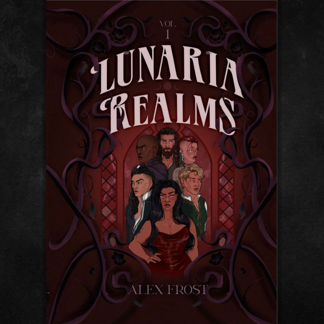 Book cover of 'Lunaria Realms' by Alex Frost with illustrated characters and ornate design.