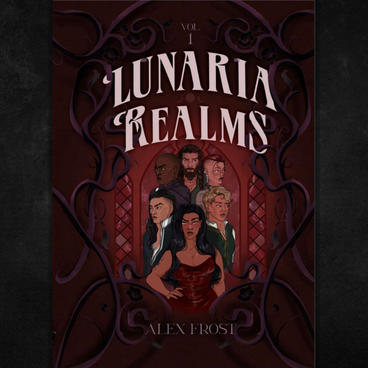Book cover of 'Lunaria Realms' by Alex Frost with illustrated characters and ornate design.