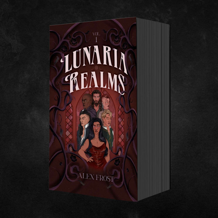 Book titled 'Lunaria Realms' by Alex Frost on a dark background