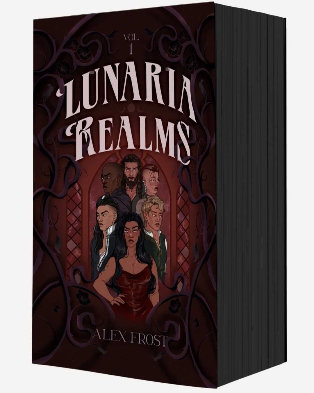 Book titled 'Lunaria Realms' by Alex Frost with illustrations of characters on the cover.