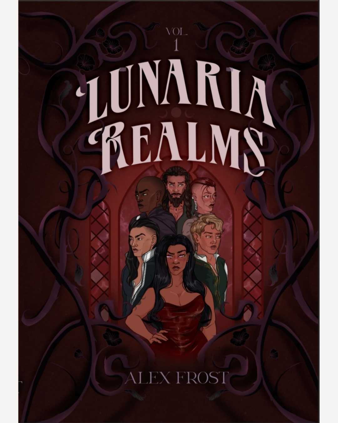 Book cover of 'Lunaria Realms' with illustrated characters and dark red background