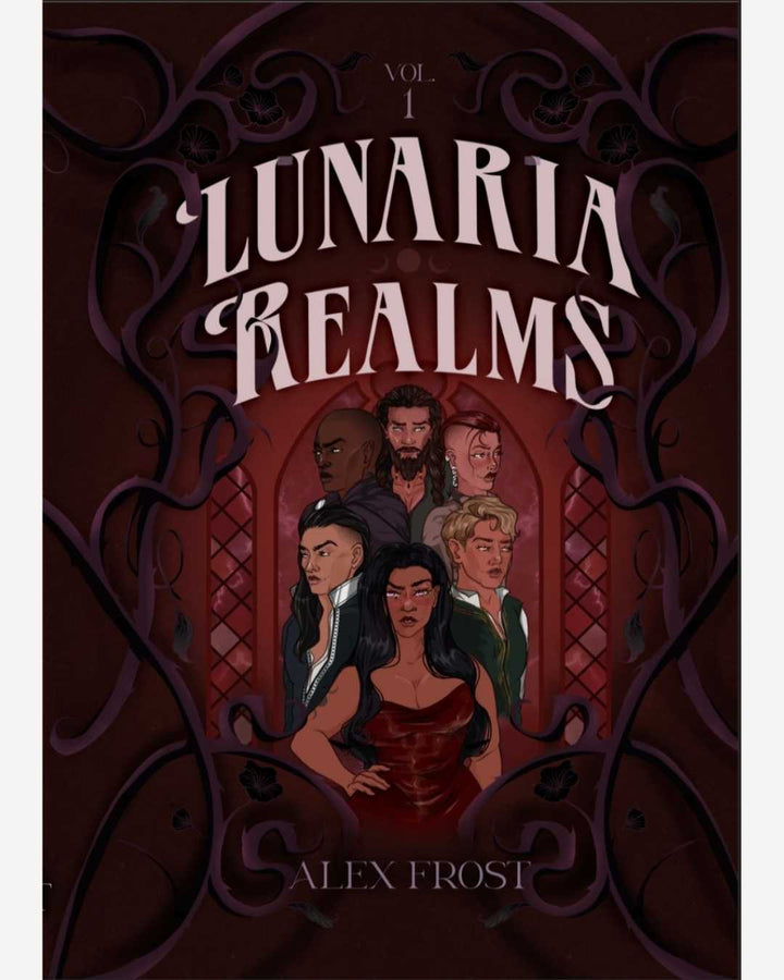 Book cover of 'Lunaria Realms' with illustrated characters and dark red background