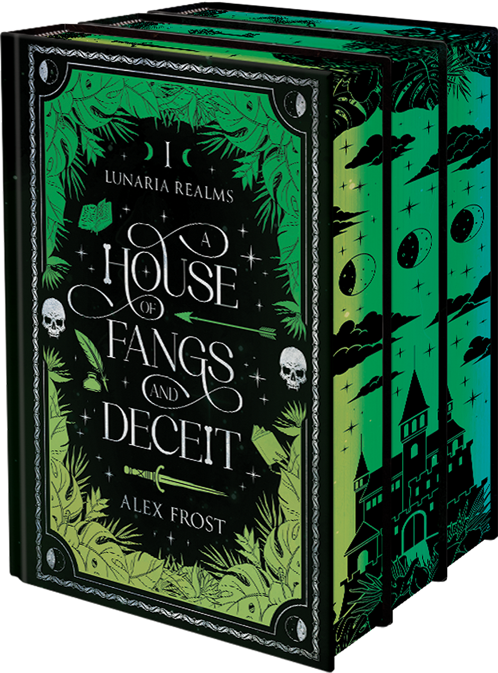 Book cover of 'A House of Fangs and Deceit' by Alex Frost with green and black design.