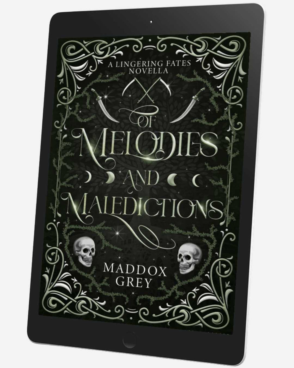 Ebook cover of 'Of Melodies and Maledictions' by Maddox Grey on a tablet screen.