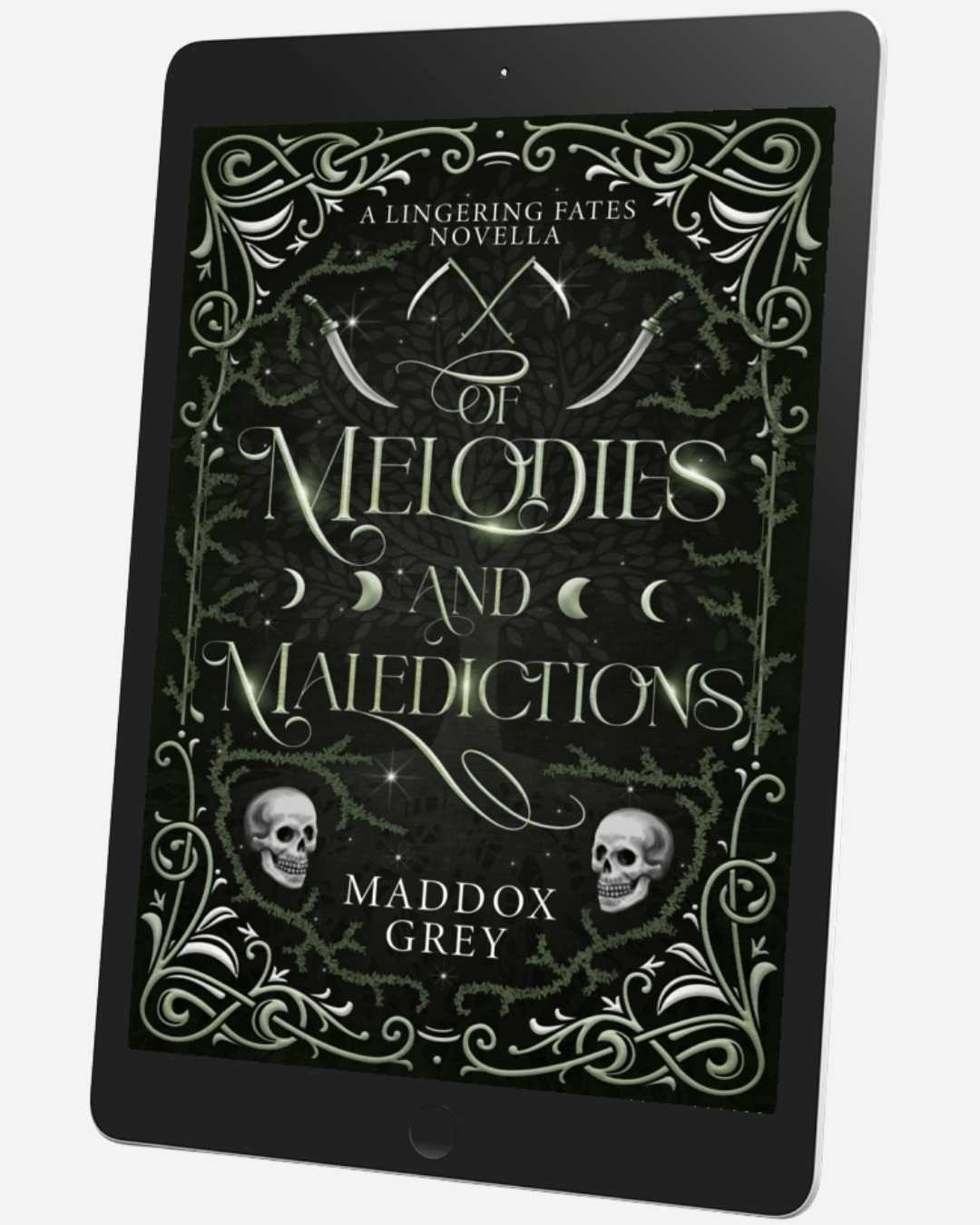 Ebook cover of 'Of Melodies and Maledictions' by Maddox Grey on a tablet screen.