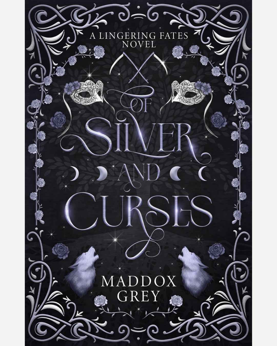 Book cover of 'Silver and Curses' by Maddox Grey with decorative elements and masks.