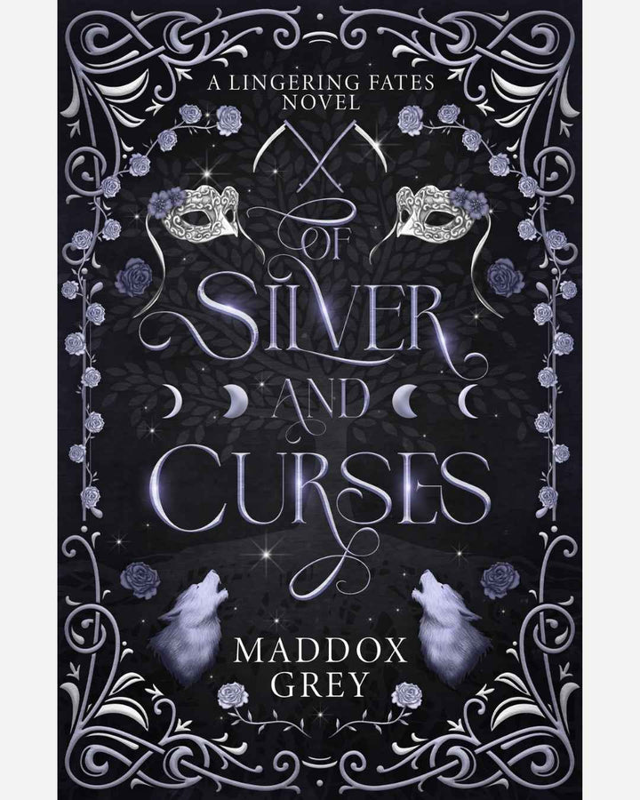 Book cover of 'Silver and Curses' by Maddox Grey with decorative elements and masks.