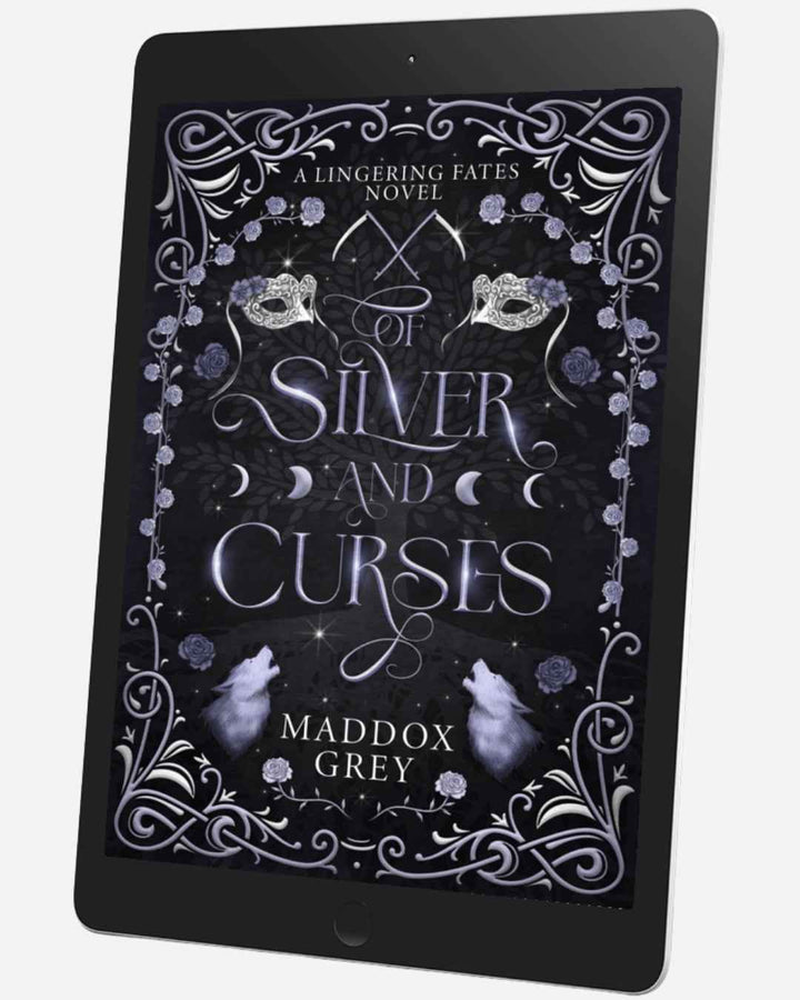 Book cover of 'Silver and Curses' by Maddox Grey on a tablet screen.