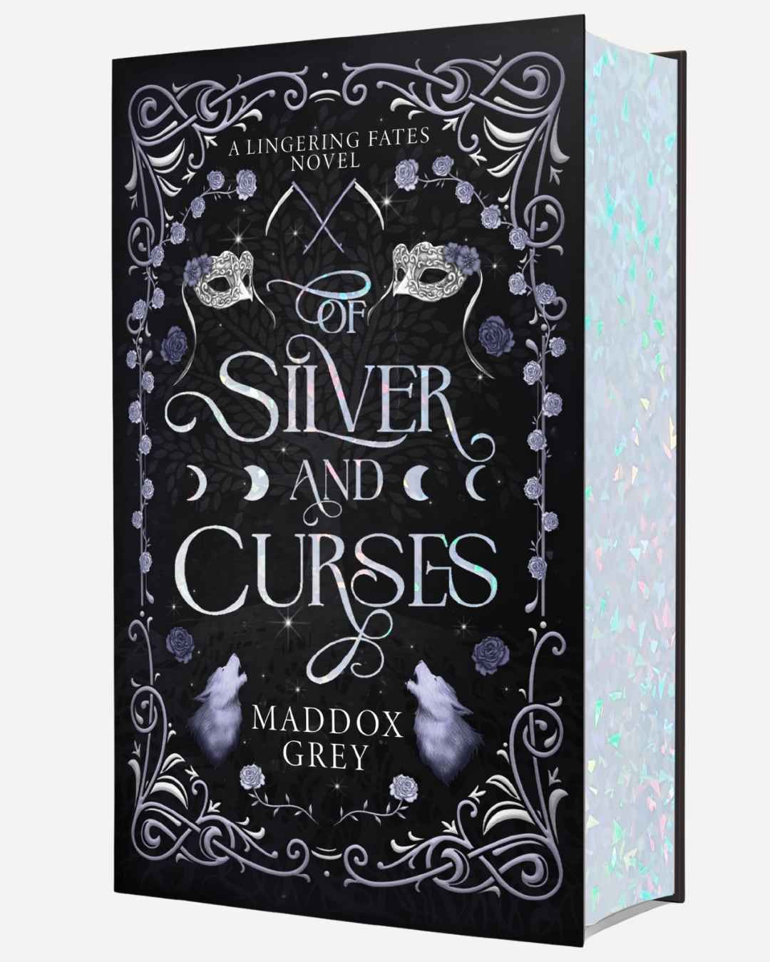 Book cover of 'Of Silver and Curses' by Maddox Grey with decorative elements on a black background.