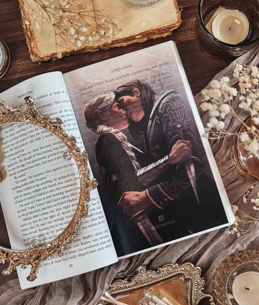 A Shift in Death paperback with vellum overlay of Nemain and Mikhail