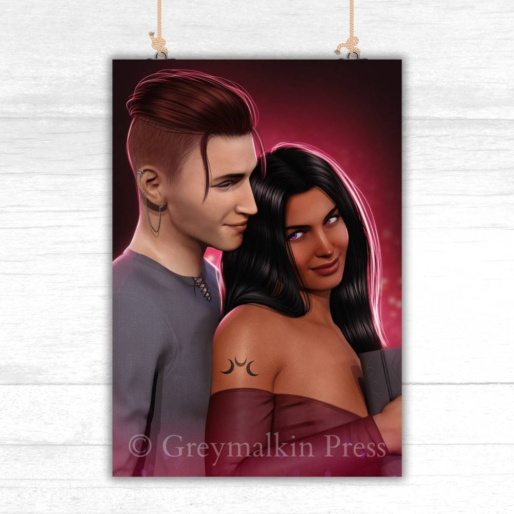 Nonbinary individual with red hair and piercings embracing dark-haired woman.